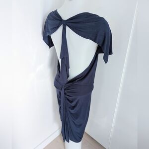 T-BAGS NWOT Unique Draped Ruched Navy Blue Rayon Backless Dress; Size M